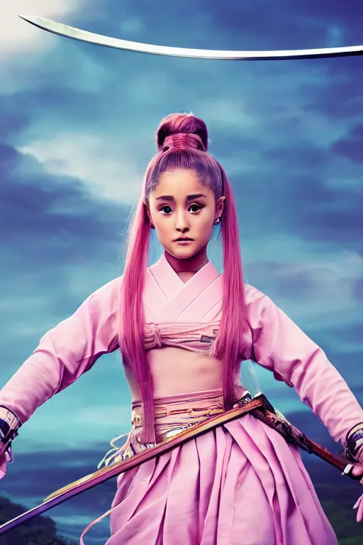 Image similar to highly detailed beautiful photo of a ariana grande as a young female samurai, practising sword stances, symmetrical face, beautiful eyes, pink hair, realistic anime art style, 8 k, award winning photo, pastels colours, action photography, 1 / 1 2 5 shutter speed, sunrise lighting