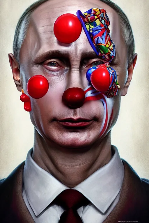 Image similar to vladimir putin as a stupid clown, realistic portrait, symmetrical, highly detailed, digital painting, artstation, concept art, smooth, sharp focus, illustration, cinematic lighting, art by artgerm and greg rutkowski and alphonse mucha