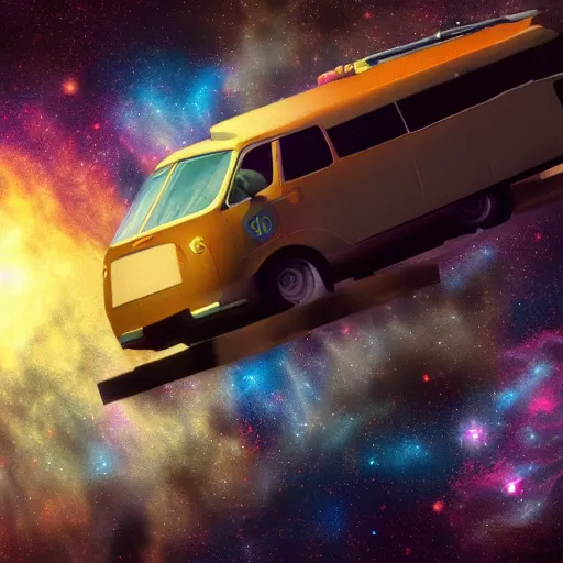 Image similar to a photorealistic concept art painting of a space van flying in front of a nebula, metal, hyper realistic, trending on artstation