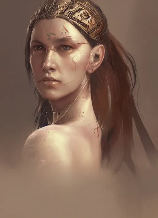 Prompt: A portrait of a beautiful warrior queen in the style of Greg Rutkowski, in style of Charles Sillem Lidderdale, artstation, high quality art