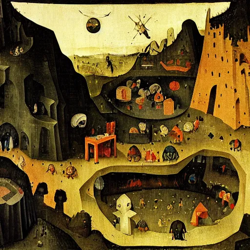 Prompt: night in a minecraft cave, by hieronymous bosch