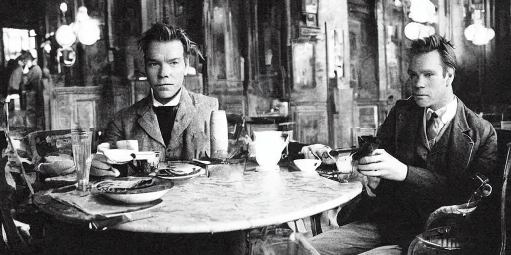 Prompt: ewan mcgregor is sitting at table in a cafe at paris in early 2 0 th century. next to him is a brown cat licking milk from little saucer, atmospheric feeling, warm colours, brown colours, yellow colours, epic scene, cinematic, very detailed