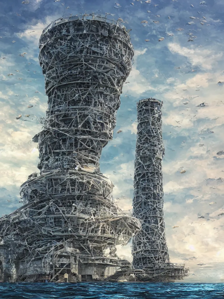 Prompt: a stunning wide angle view of an modern ancient tower on top of an alien structure in the middle of the gulf coast waters of florida, sun through puffy white clouds, highly detailed school of fish, artistic composition, sharp focus, intricate concept art, digital painting, colorful flat surreal design, hd, 8 k, artstation, ambient lighting