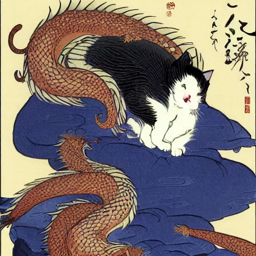 Image similar to a beautiful cat with dragon wings, illustration by hokusai