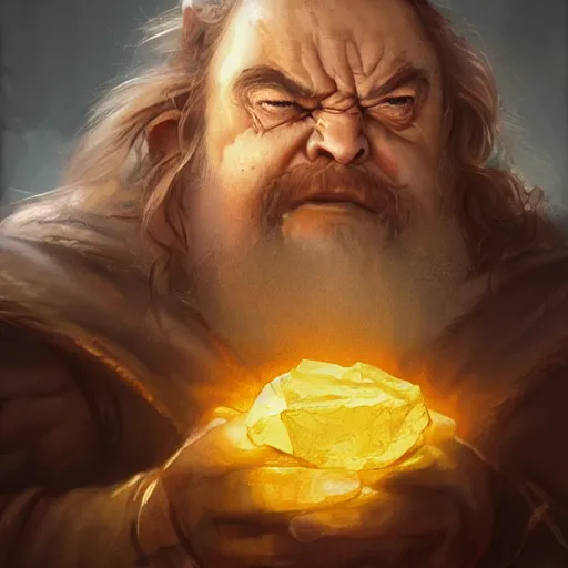 Prompt: portrait of a brutal dwarf hugging the humongous raw, unrefined gold nugget, lump of native gold, realistic, handsome eyes and hands, fantasy art, dnd, lord of the rings, mid - shot, moody lighting, by greg rutkowski, wlop, artgerm, trending on artstation, concept art, sharp focus, ray tracing