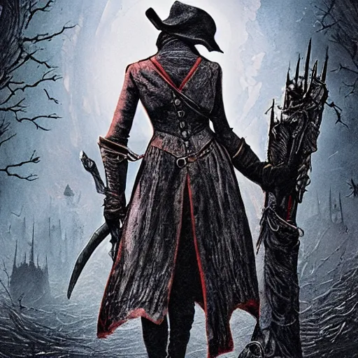 Image similar to elizabeth olson as a bloodborne hunter, in the style of bloodborne