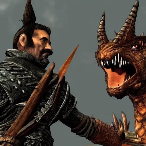 Image similar to Photo of Joseph Stalin friendship with dragon from Skyrim ,