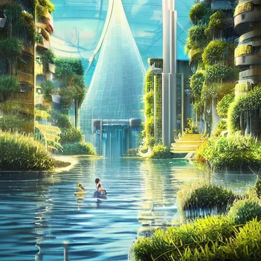 Image similar to beautiful happy picturesque charming organic futuristic sci - fi city in harmony with nature. water and plants. beautiful light. grainy and rough. soft colour scheme. beautiful artistic vector graphic design art print by lurid. ( 2 0 2 2 )