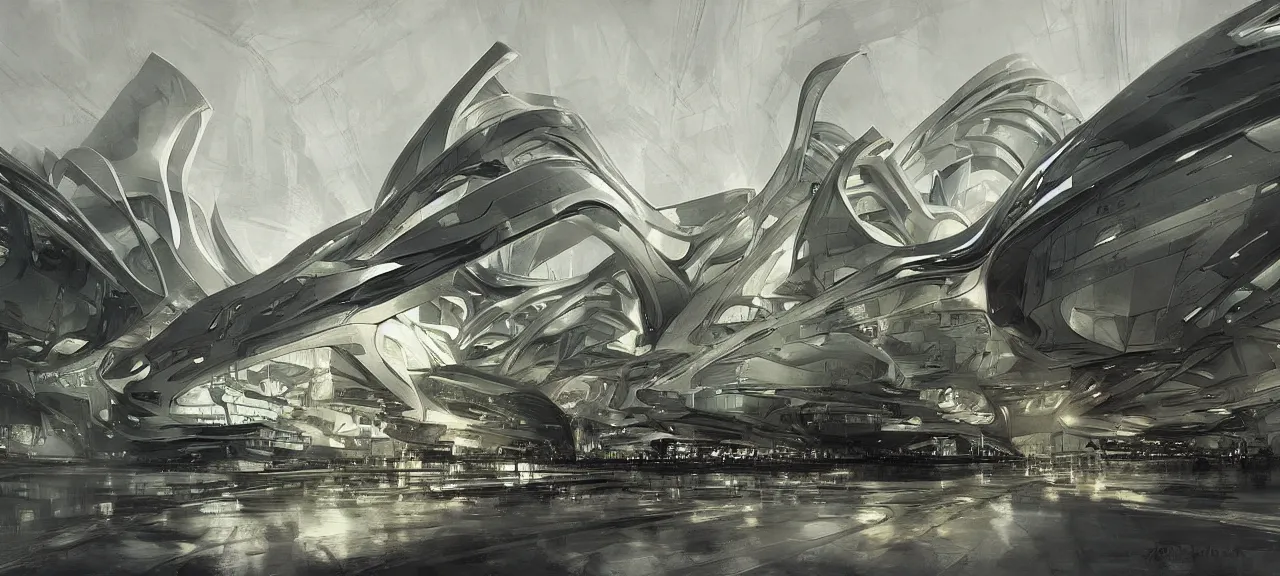 Image similar to ominous headquarters of an evil corporation, by zaha hadid, concept art by anders zorn