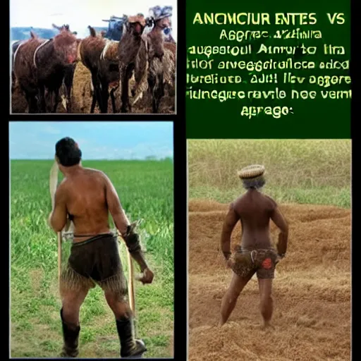 Image similar to Meme about ancient times, hunter-gatherer vs the average agriculture user