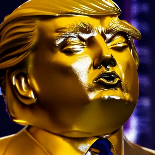 Image similar to donald trump golden statue starting to melt, drips of molten metal ground angle, uhd 8 k, sharp focus