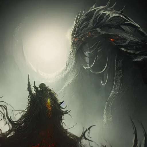 Image similar to mysterious rykard giant boss, elden ring, realism, ambient lights, bokeh,