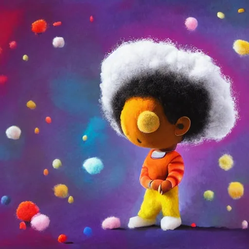 Prompt: a black boy with a colorful afro and big cute! eyes, dressed like an astronaut in a field of cotton candy, bokeh, bright colours, watercolor, volumetric wool felting, macro photography, children illustration, by goro fujita