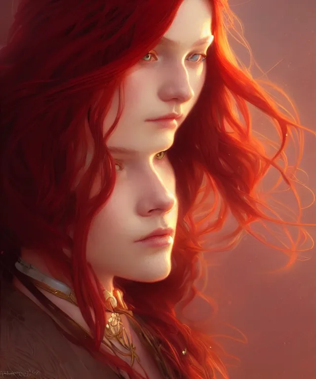 Image similar to Fae teenage girl, portrait, face, long red hair, fantasy, intricate, elegant, highly detailed, digital painting, artstation, concept art, smooth, sharp focus, illustration, art by artgerm and greg rutkowski and alphonse mucha