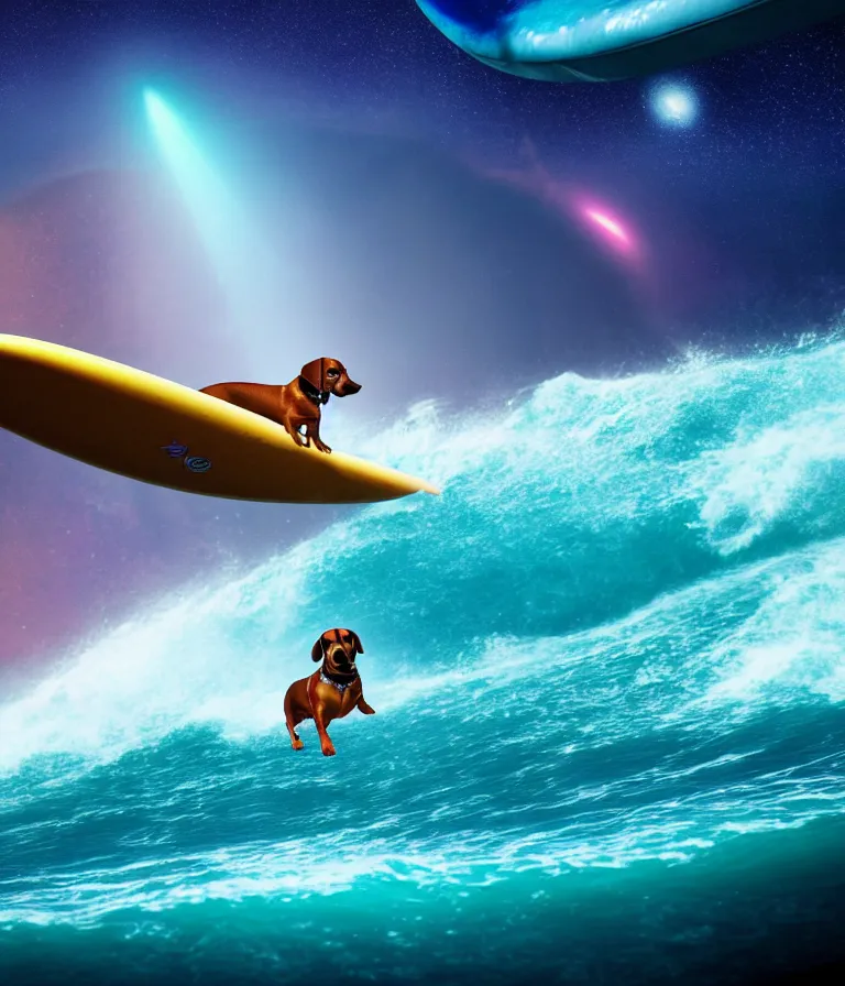 Image similar to wiener dog surfing a surfboard on a crashing l wave of alien ocean in space, background is an alien galaxy, aliens in the background, alien colors, octane render, unreal engine, wide view, 8 k, high detaild