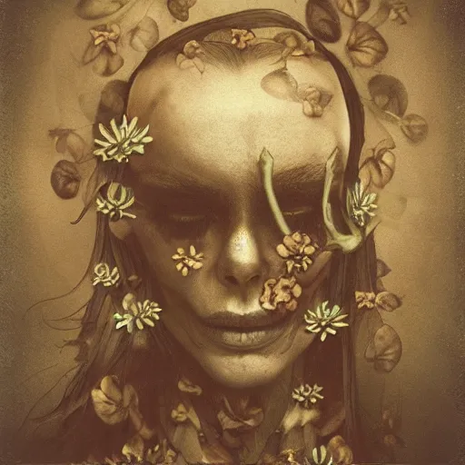 Image similar to a beautiful detailed front view portrait of a rotten woman corpse with fractal plants and fractal flowers growing around, volumetric light, beautiful lit, polaroid photography