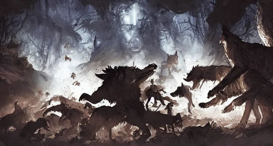 Prompt: WOLVES AND THEIR TREASURES. By Travis Charest, James Gurney, and Ashley Wood. dramatic lighting. Magic the gathering. digital painting.