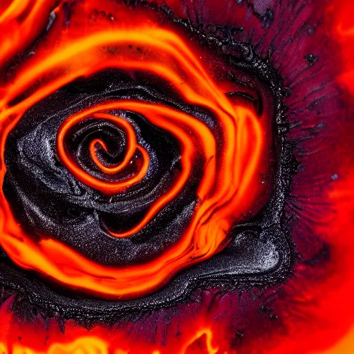 Image similar to award - winning macro of a beautiful black magma rose made of glowing molten lava, inner glow, magma texture