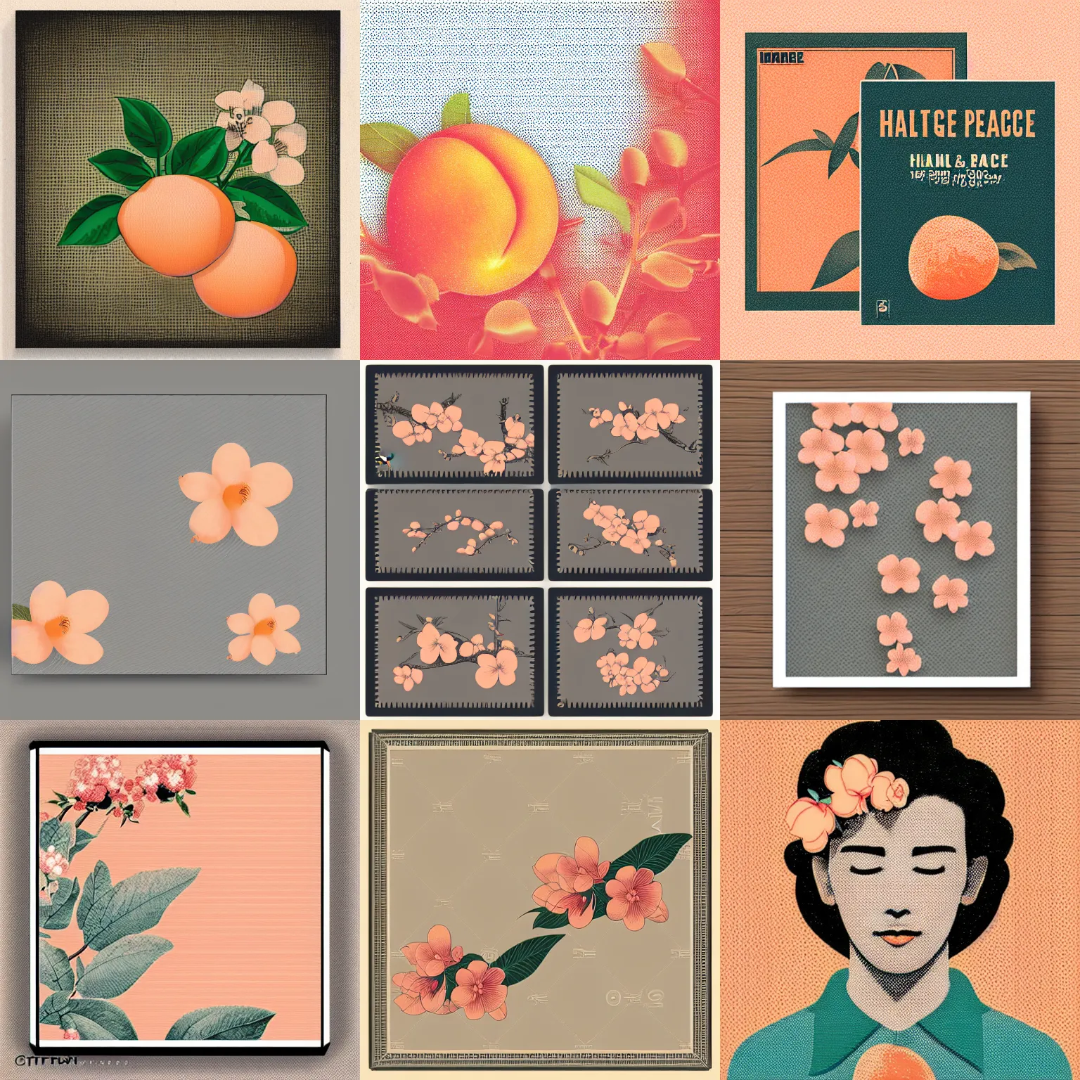 Prompt: vintage color halftone album artwork large peach and one blossom illustration, nostalgic high saturation, grainy film, neutral blank light grey background