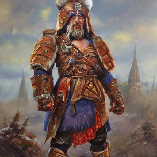 Image similar to a russian warrior who is wearing iron gauntlets in the shape of bear claws in the style of warhammer fantasy : : head and shoulders oil painting