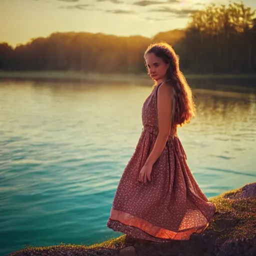 Image similar to a beautiful young woman in a sundress standing by a lake at sunset | soft atmospheric lighting