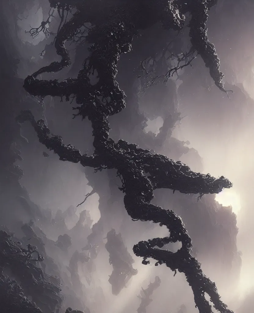 Image similar to realistic photography from space of planet earth devoured by a black fungus, deep focus, intricate, elegant, highly detailed, foggy, misterious, digital painting, artstation, concept art, matte, sharp focus, art by artgerm and greg rutkowski and alphonse mucha