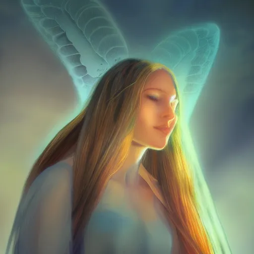 Image similar to portrait of a female angel, wings, concept art, bokeh, light mode, 3 2 k, angelic, rays of shimmering light