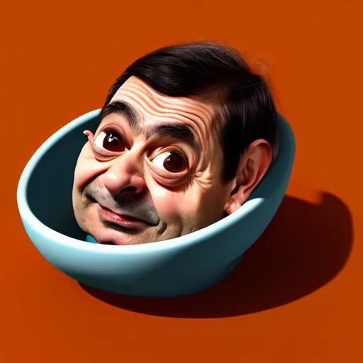 Prompt: mr bean is fused into a bowl of baked beans, artstation, cgsociety, 8 k