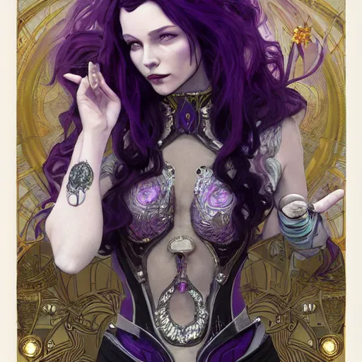 Image similar to vampire with purple hair in sci - fi power armor, highly detailed, very intricate, art nouveau, gold filigree, romantic storybook fantasy, soft cinematic lighting, award - winning, disney concept art watercolor illustration by mandy jurgens and alphonse mucha and alena aenami, pastel color palette, featured on artstation