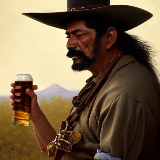 Image similar to illustration of a mexican man, missing one front teeth, with one small, dirt, wild west, with hat drinking a beer on train station, fantasy, intricate, elegant, highly detailed, digital painting, artstation, concept art, matte, sharp focus, art by aenaluck and roberto ferri and greg rutkowski, epic, juan caloto,