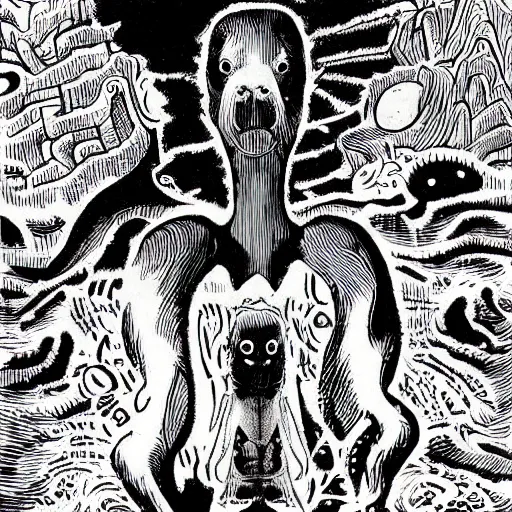 Prompt: capybara as an eldritch cosmic horror, horrific background, lovecraft, art by Junji Ito