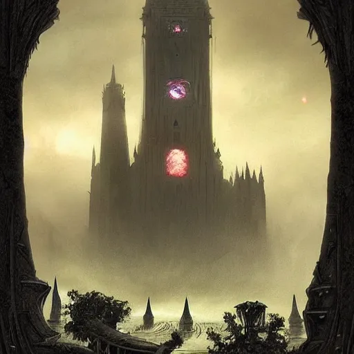 Image similar to an ultra detailed tarot card of a lonely and impossibly tall ominous gothic dark citadel tower of the evil patriarch, in the style of magic the gathering, in a river elevated high above the city, gaslight fantasy capital city, ultrawide lense, aerial photography, scary thunderstorm, exquisite detail, 8 k, art by greg rutkowski and alphonse mucha