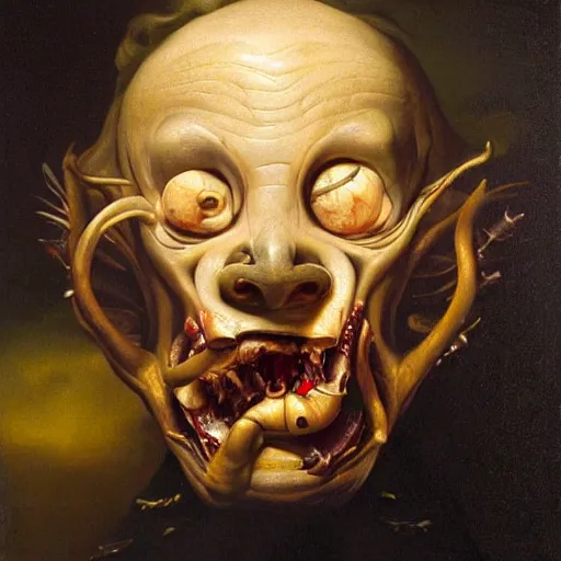 Image similar to refined gorgeous blended oil painting with black background by christian rex van minnen rachel ruysch dali todd schorr of a chiaroscuro portrait of an extremely bizarre disturbing mutated man with shiny skin acne intense chiaroscuro cast shadows obscuring features dramatic lighting perfect composition masterpiece