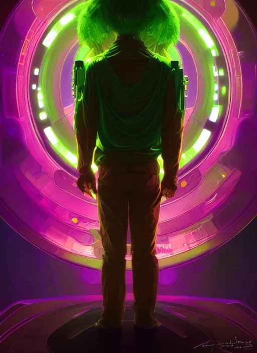 Prompt: symmetry portrait of shaggy rogers, sci - fi, tech wear, glowing lights, intricate, elegant, highly detailed, digital painting, artstation, concept art, smooth, sharp focus, illustration, art by artgerm and greg rutkowski and alphonse mucha