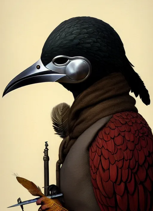 Prompt: rpg! profile! portrait of humanoid bird on white background, beak, steel feathers, plague doctor, intricate, highly detailed, digital painting, artstation, concept art, smooth, sharp focus, illustration, art by norman rockwell emiliano ponzi andrey remnev yoann lossel aaron jasinski, 8 k