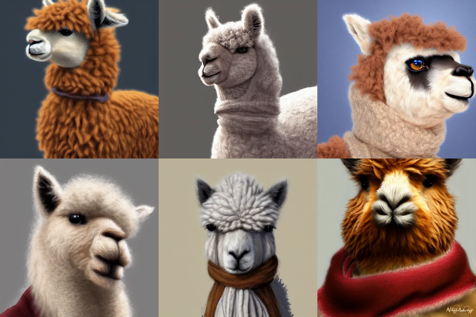 Prompt: photoreal art of a fluffy alpaca wearing a scarf, trending on ArtStation