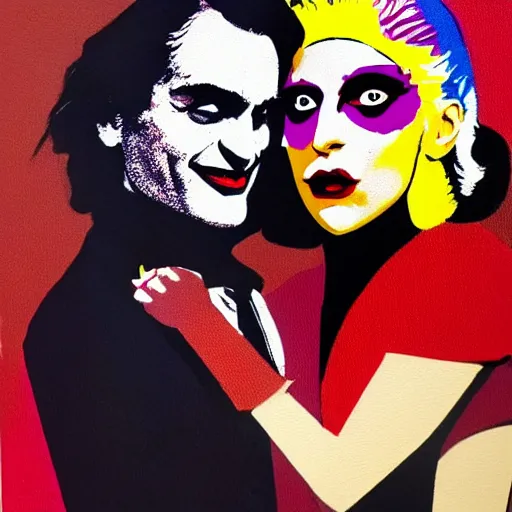 Prompt: mimmo rottela and banksy as joaquin phoenix skinny joker holding hand lady gaga harley queen, photorealistic, intricate details, pop art style, concept art, confident, love, random object movement, 3 colours, 8 0 0, warm color, 4 k, ultra smooth, sharp focus