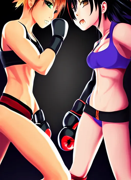 Image similar to two beautiful female fighters facing each other, black tops, dim lighting, gorgeous features, smooth, detailed anime art