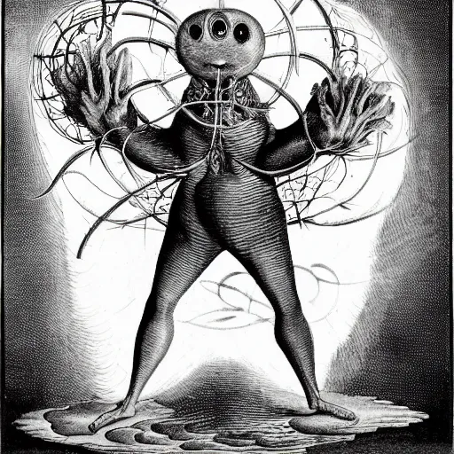 Image similar to whimsical freaky creature sings a unique canto about \'as above so below\' being ignited by the spirit of Haeckel and Robert Fludd, breakthrough is iminent, glory be to the magic within