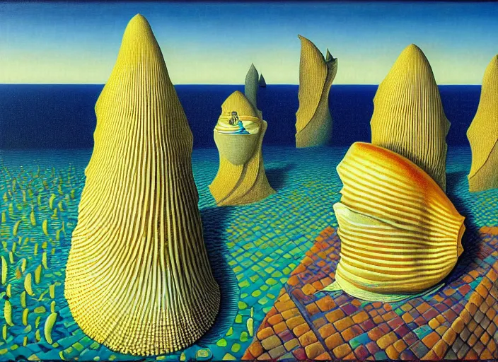 Image similar to a city with fish citizens inside the seashell, by jacek yerka by magritte, surrealistic painting, masterpiece, oil painting, sharp focus, highly detailed, intricate, smooth, 8 k,