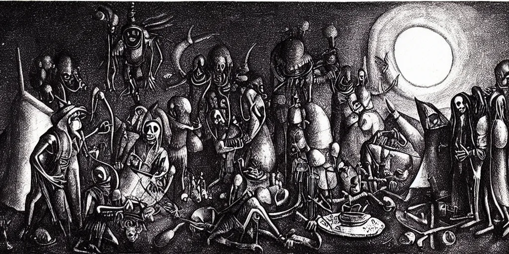 Image similar to aliens in black handing over artifacts to a politician, night scene, inspired by hieronymus bosch, concept art