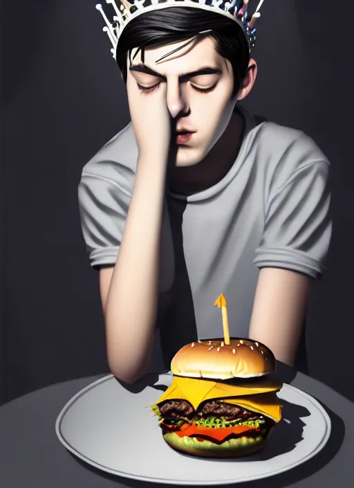 Image similar to portrait of teenage jughead jones wearing a light grey crown, crown, eating hamburger, eyes closed, crown, black hair, intricate, elegant, glowing lights, warm lighting, highly detailed, digital painting, artstation, concept art, smooth, sharp focus, illustration, art by wlop, mars ravelo and greg rutkowski