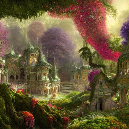 Image similar to a beautiful and highly detailed matte painting of a beautiful sprawling palace in a magical fantasy forest garden, psychedelic flowers and trees, colorful vegetation, epic scale, insanely complex, hyperdetailed, sharp focus, hyperrealism, artstation, cgsociety, 8 k, bright colors, by caspar friedrich, albert bierstadt, james gurney, brian froud,