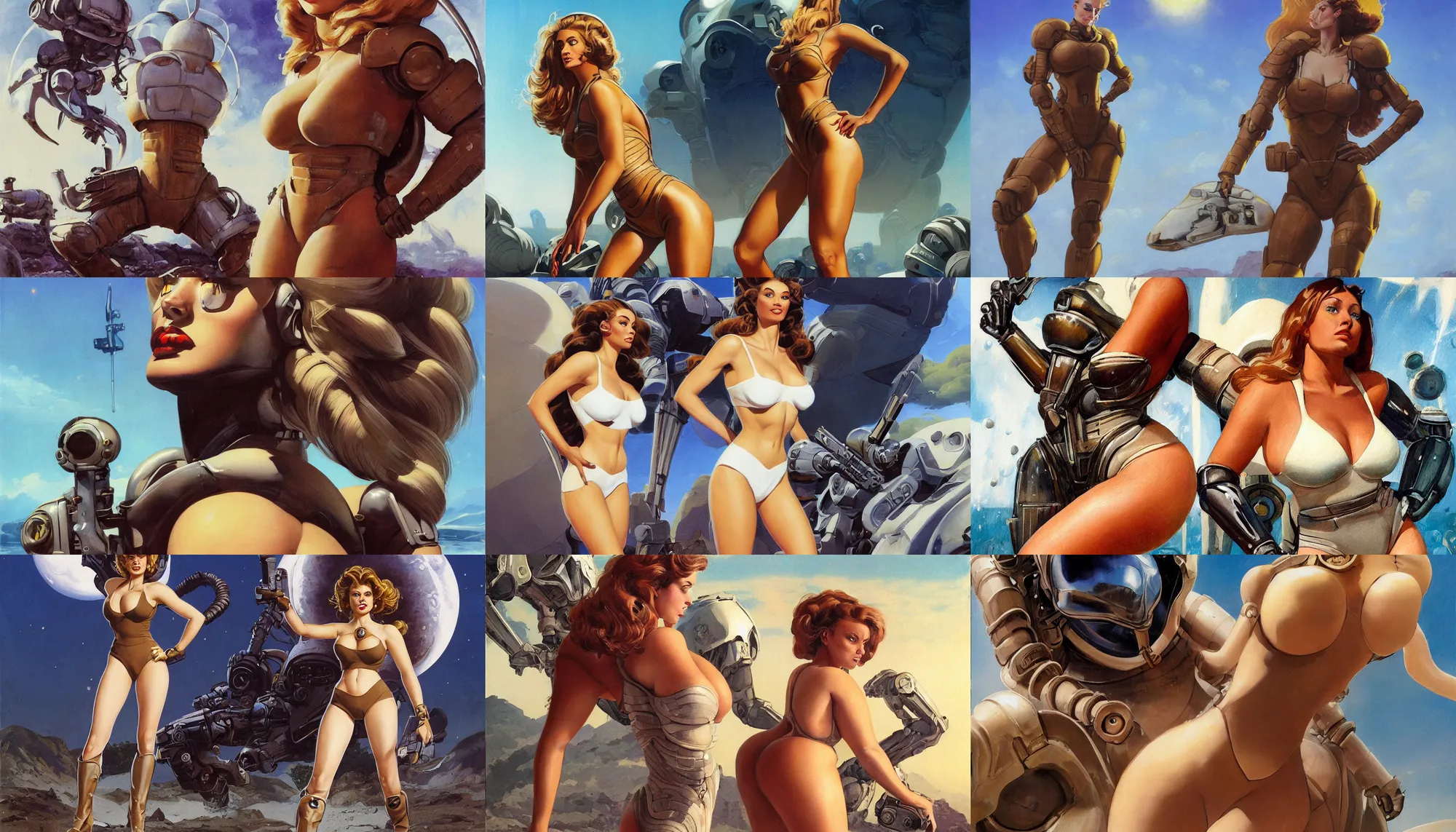 Prompt: A mixed media portrait painting of a very beautiful light-brown-hair woman on an alien planet, very curvy, aesthetic! high-waisted white-bikini-armor and boots, starship-troopers, bombshell, aesthetic symmetrical face and eyes, model, wet, pacific-rim-mech in background, by Frank Frazetta, Boris Vallejo, Beeple, Greg Rutkowski, Christian MacNevin, eighties pinup style, goddess, epic fantasy character art, high fantasy, CGsociety, exquisite detail, post-processing, masterpiece, cinematic