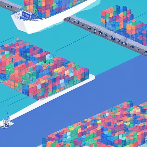 Prompt: isometric view of a shipping container port by chiho aoshima