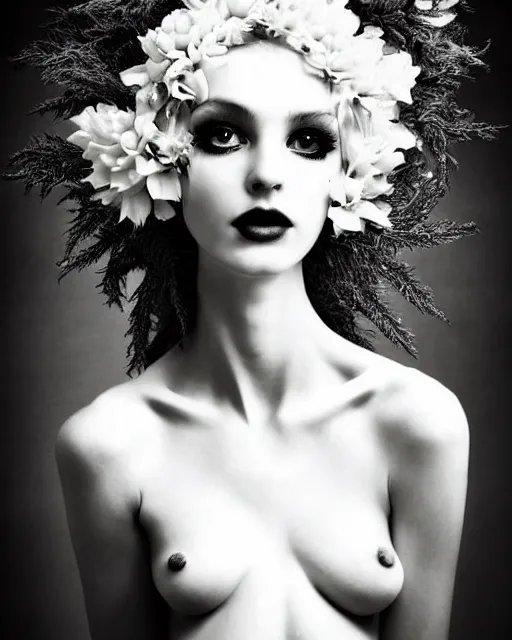 Image similar to a black and white high quality dreamy photo of a young beautiful female queen-pale dragon-vegetal-many flower-cyborg bust with a very long neck, elegant, highly detailed, poetic, soft, dreamy, mysterious, high fashion, rim light, in the style of Ellen von Unwerth, Realistic, Refined, Digital Art, Highly Detailed, Cinematic Lighting, rim light, black and white, photo-realistic, 8K