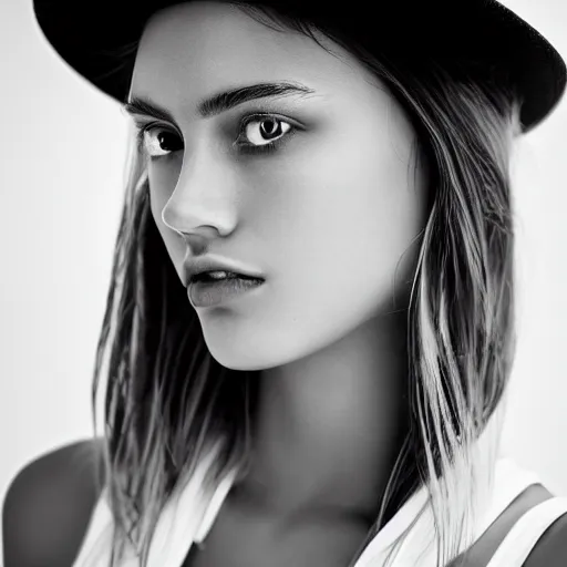 Image similar to black and white centered close-up of fashion model girl in wide white hat, hyperrealism