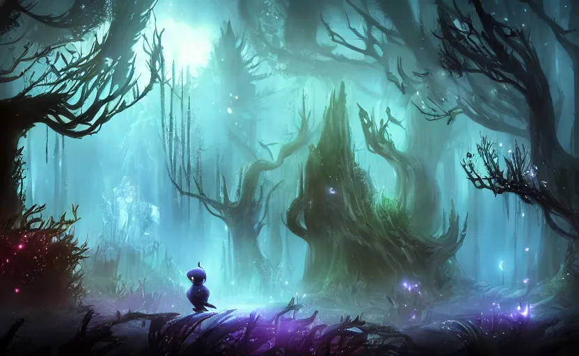 Prompt: dark ominous mysterious ambient magical forest landscape painting, fantasy, dreamlike, foggy, romantic, in the style of Ori and the Blind Forest