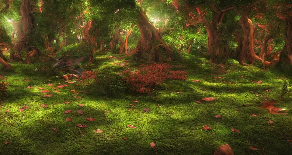 Image similar to Enchanted and magic forest, with 3D render