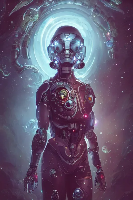 Image similar to a cyborg researcher with exploring space flowers by artgerm and wlop and scott fischer and seb mckinnon, digital art, highly detailed, fireflies, intricate, fantasy, mystical, sharp focus, Trending on Artstation HQ, deviantart, unreal engine 5, 4K UHD image